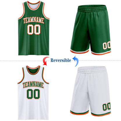 Custom Reversible Kelly Green White-Orange Double Side Sublimation Basketball Set Jersey