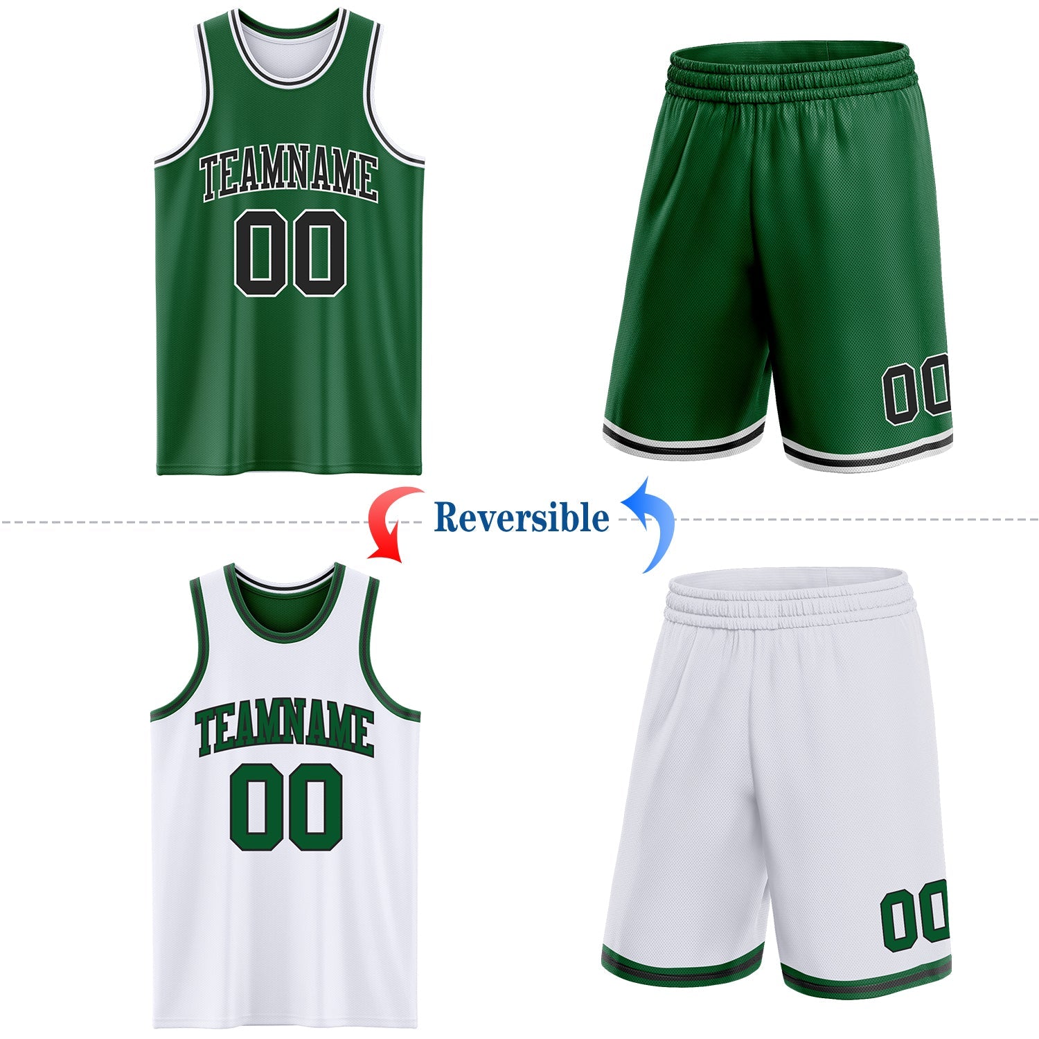 Custom Reversible Kelly Green Black-White Double Side Sublimation Basketball Set Jersey