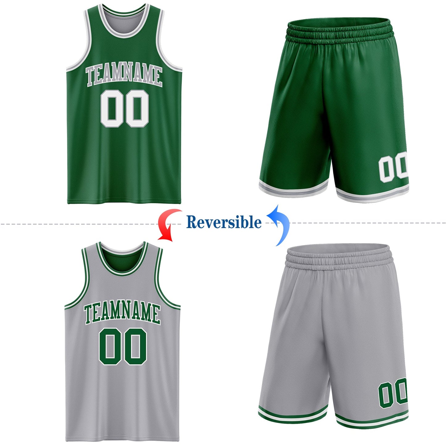 Custom Reversible Kelly Green White-Gray Double Side Sublimation Basketball Set Jersey