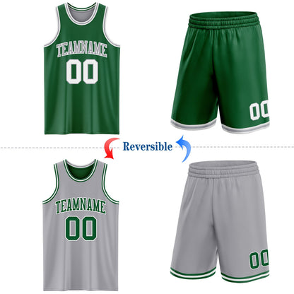 Custom Reversible Kelly Green White-Gray Double Side Sublimation Basketball Set Jersey