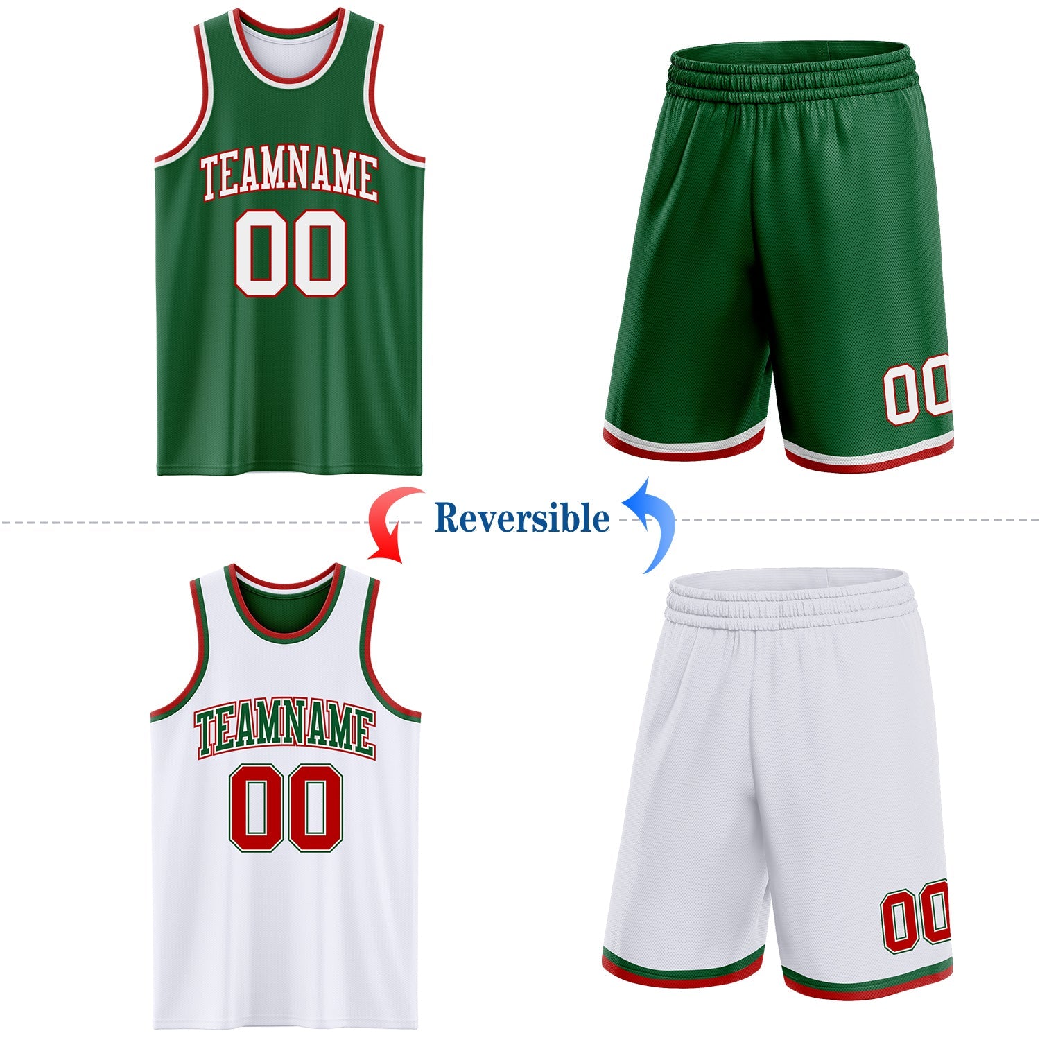 Custom Reversible Kelly Green White-Red Double Side Sublimation Basketball Set Jersey
