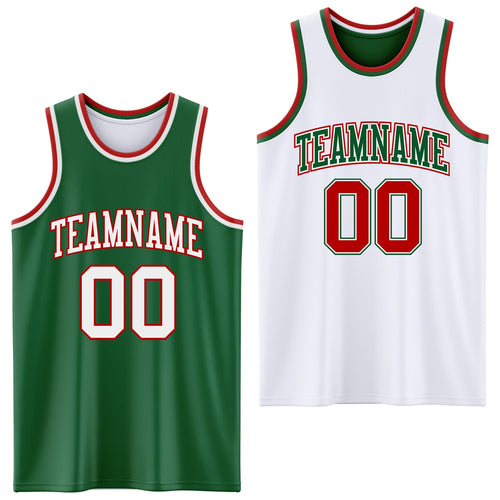 Custom Reversible Kelly Green White-Red Double Side Sublimation Basketball Set Jersey