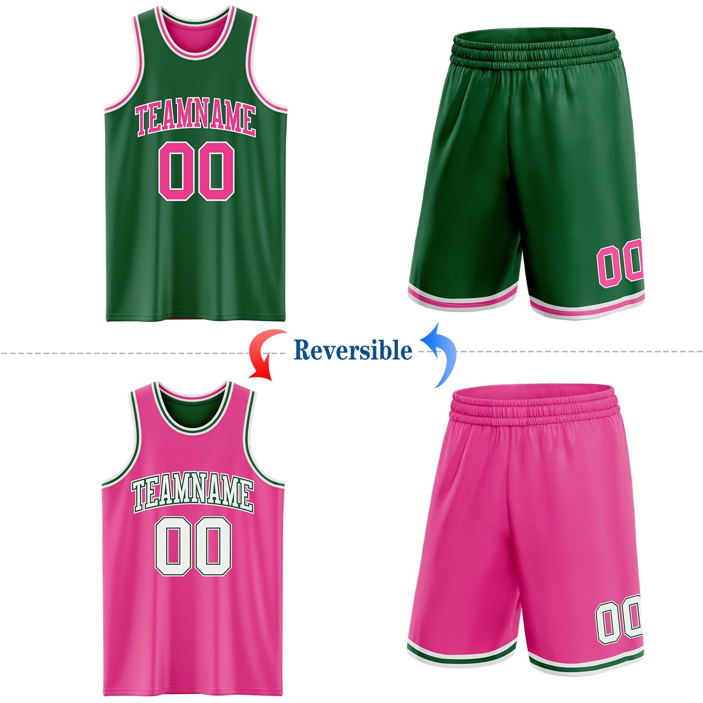 Custom Reversible Kelly Green Pink-White Double Side Sublimation Basketball Set Jersey