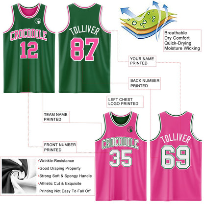Custom Reversible Kelly Green Pink-White Double Side Sublimation Basketball Set Jersey