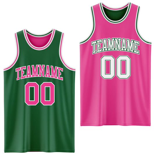 Custom Reversible Kelly Green Pink-White Double Side Sublimation Basketball Set Jersey