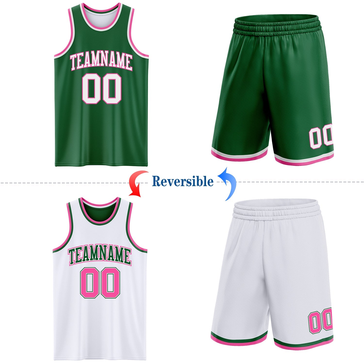 Custom Reversible Kelly Green White-Pink Double Side Sublimation Basketball Set Jersey