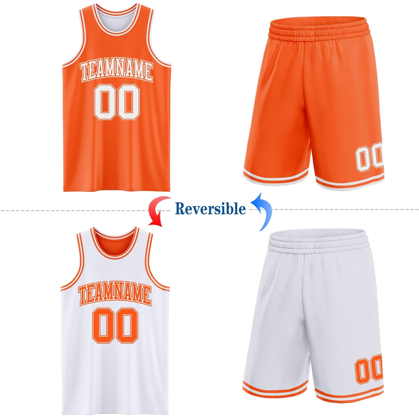 Custom Reversible Orange White Double Side Sublimation Basketball Set Jersey