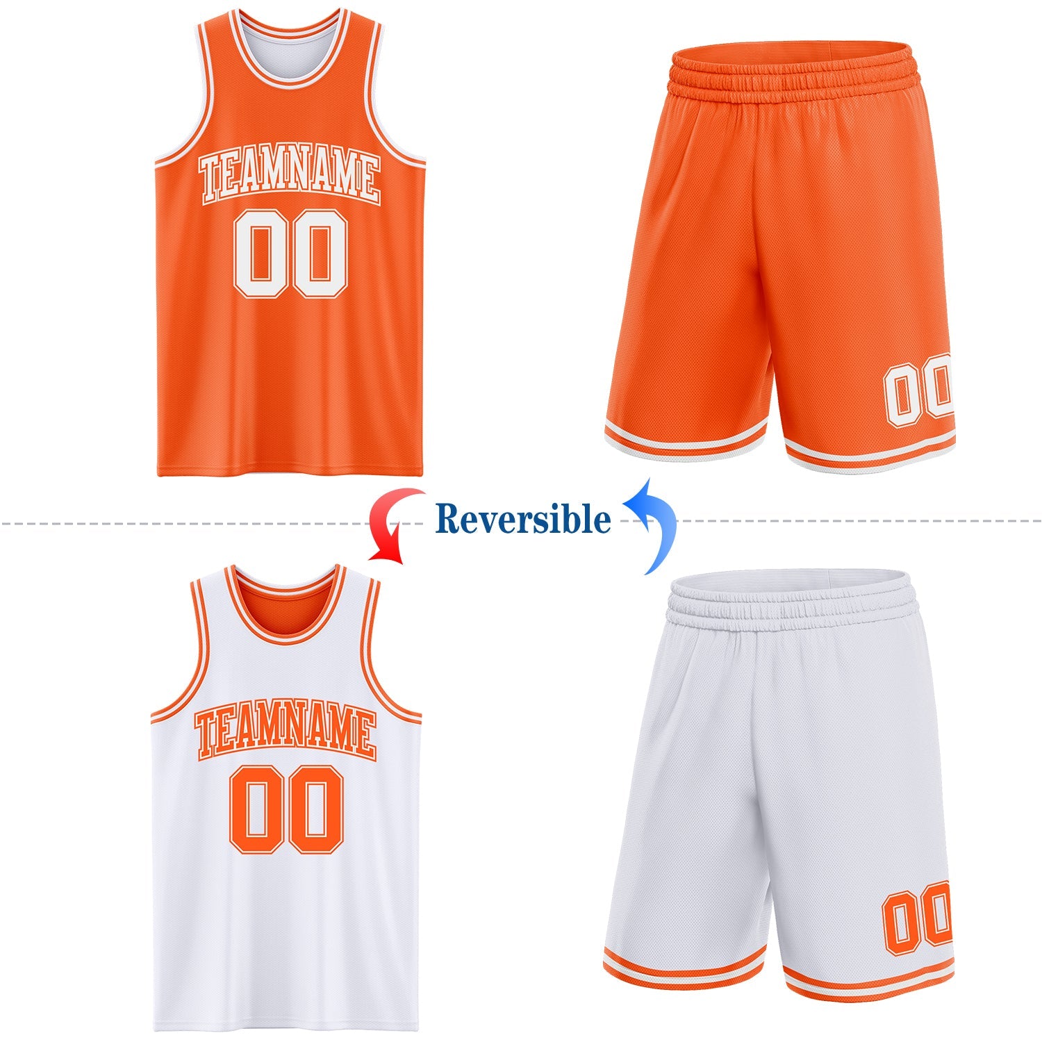 Custom Reversible Orange White Double Side Sublimation Basketball Set Jersey