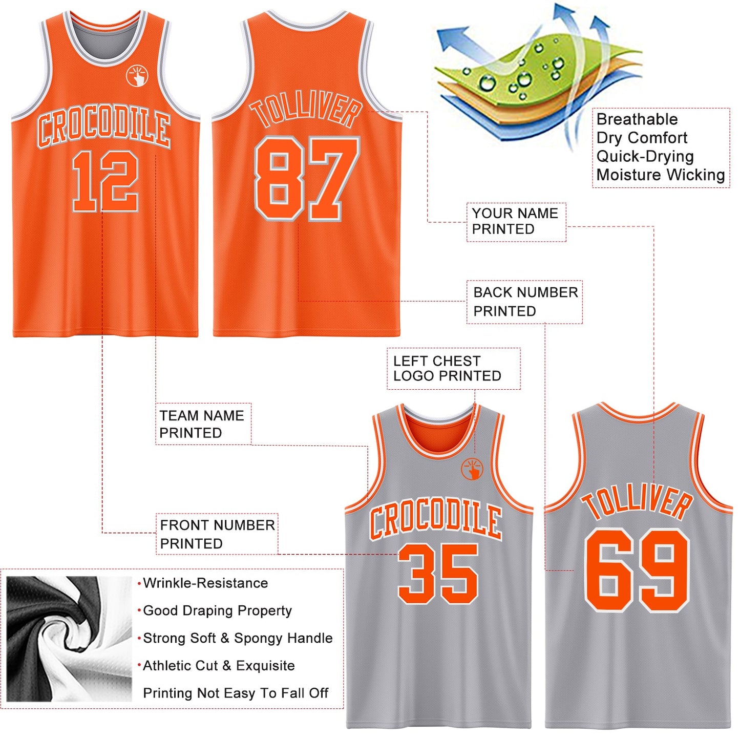 Custom Reversible Orange White-Gray Double Side Sublimation Basketball Set Jersey