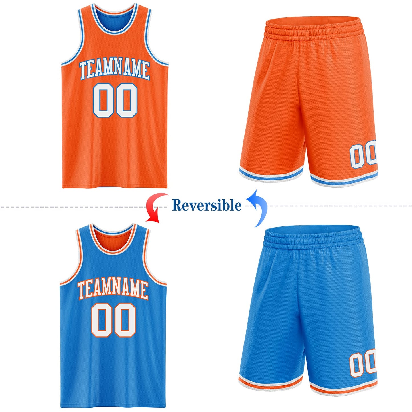 Custom Reversible Orange White-Powder Blue Double Side Sublimation Basketball Set Jersey