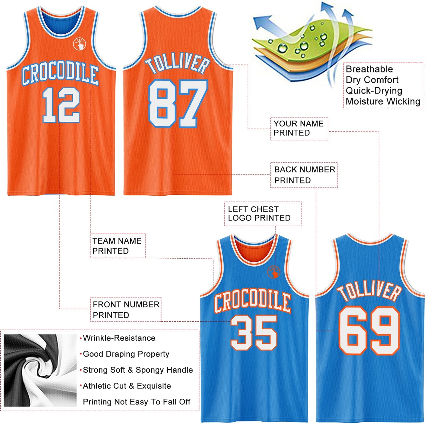 Custom Reversible Orange White-Powder Blue Double Side Sublimation Basketball Set Jersey