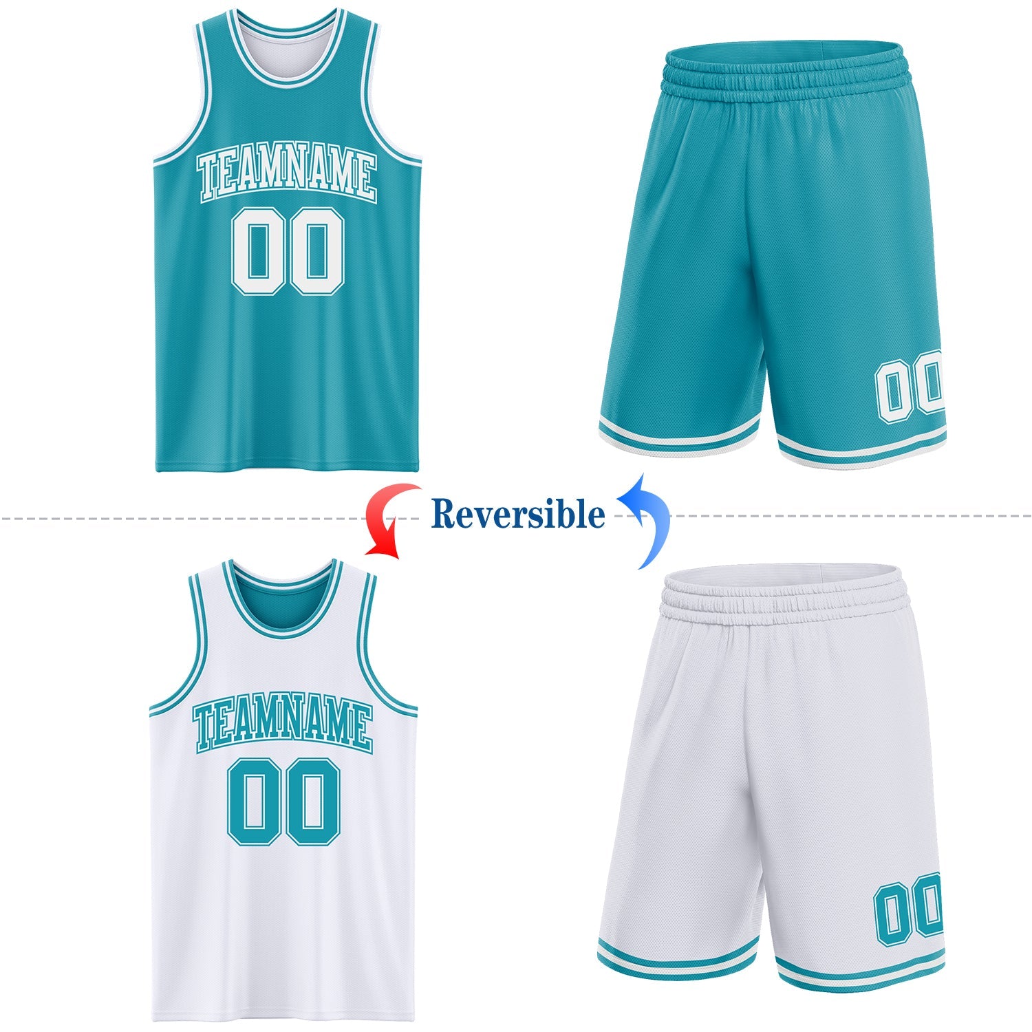 Custom Reversible Teal White Double Side Sublimation Basketball Set Jersey