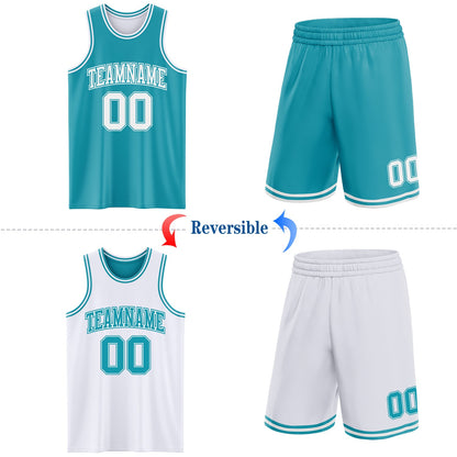 Custom Reversible Teal White Double Side Sublimation Basketball Set Jersey