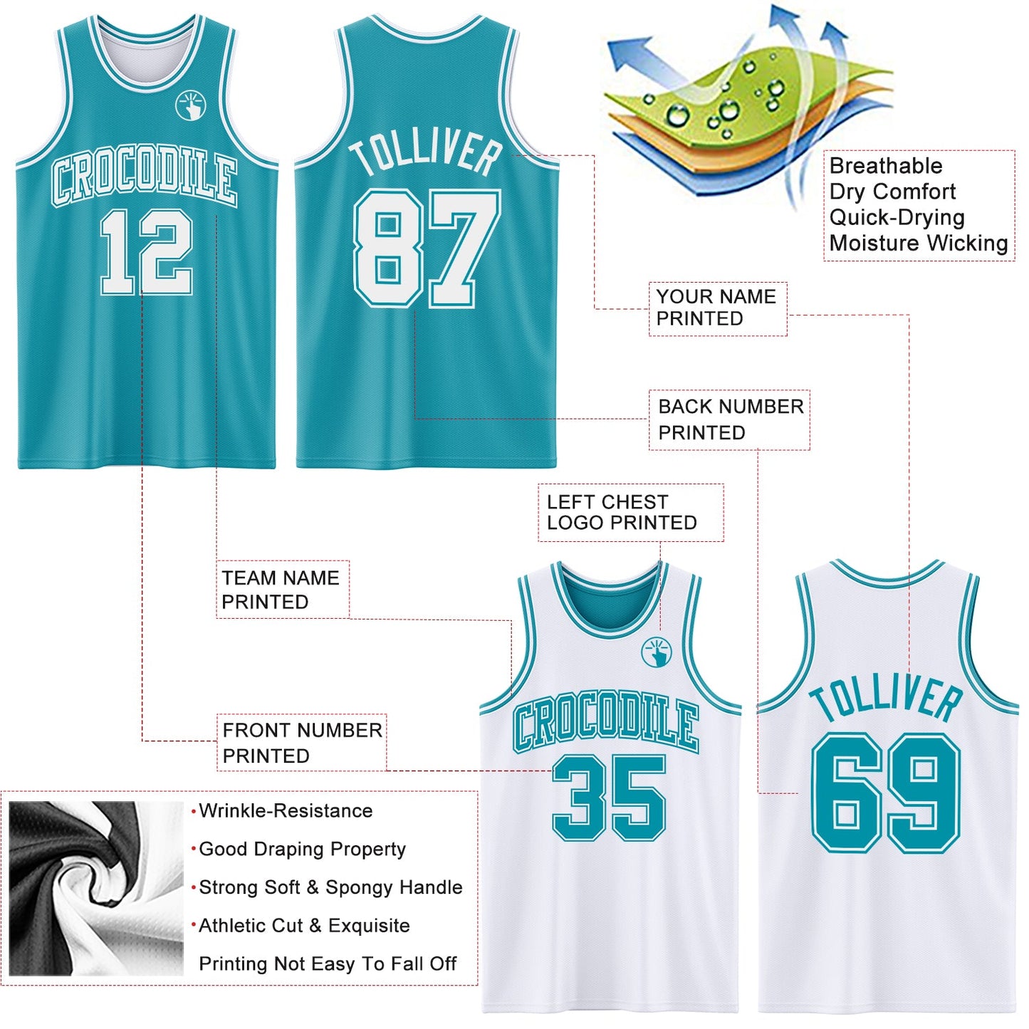 Custom Reversible Teal White Double Side Sublimation Basketball Set Jersey