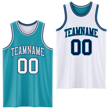Custom Reversible Teal White-Navy Double Side Sublimation Basketball Set Jersey