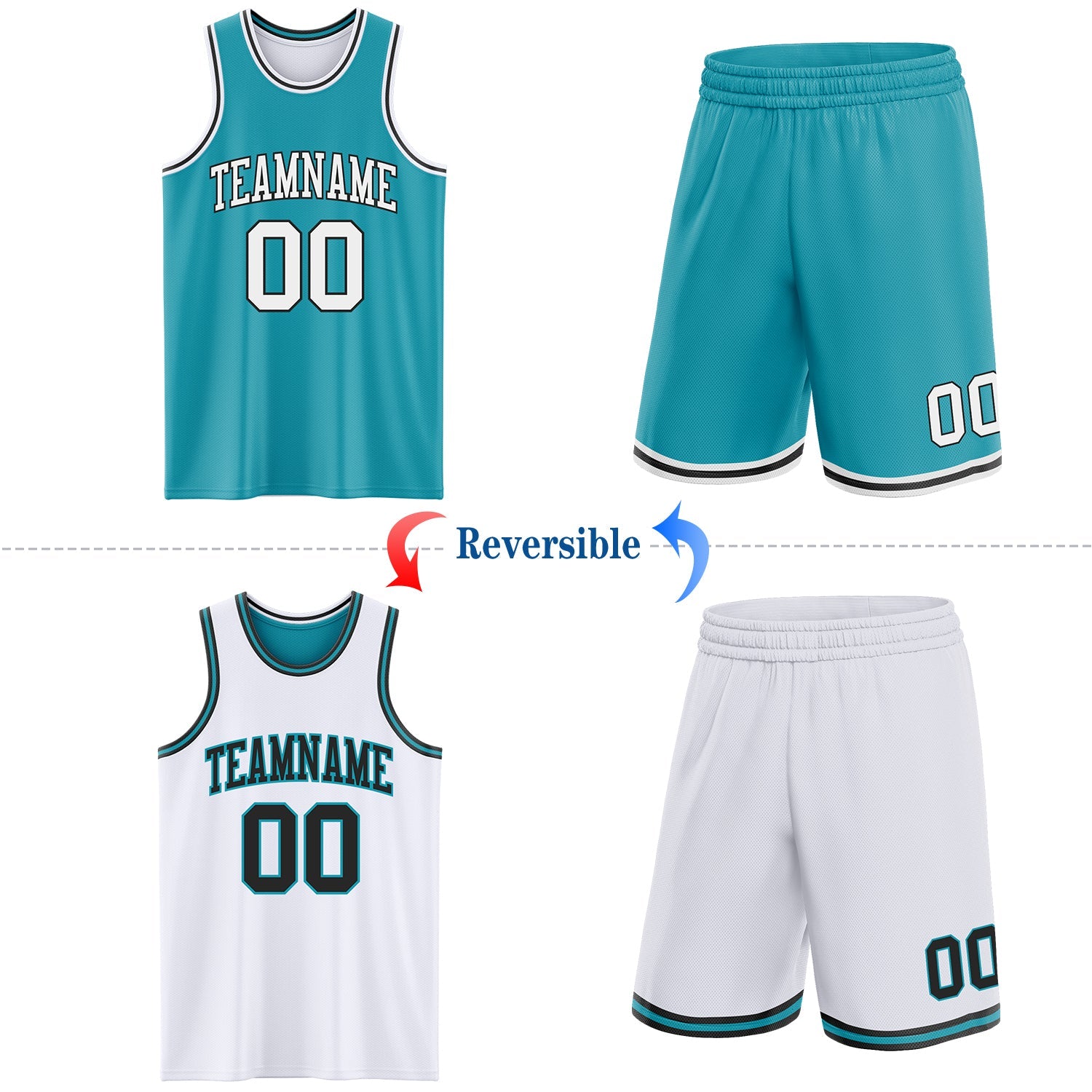 Custom Reversible Teal White-Black Double Side Sublimation Basketball Set Jersey