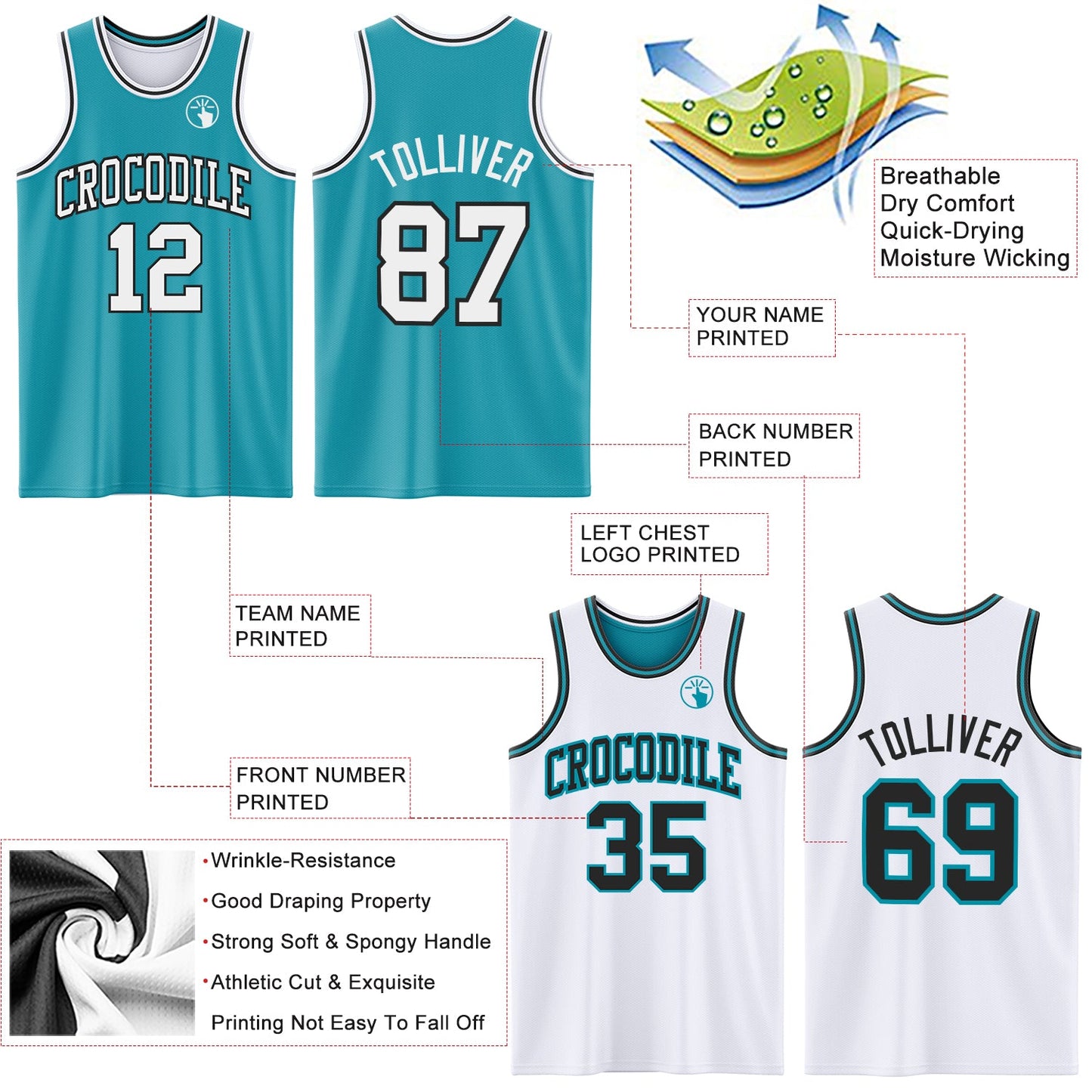 Custom Reversible Teal White-Black Double Side Sublimation Basketball Set Jersey