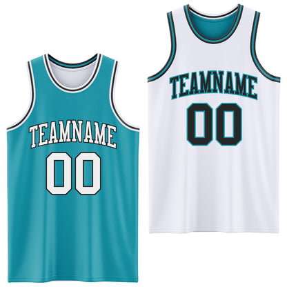 Custom Reversible Teal White-Black Double Side Sublimation Basketball Set Jersey
