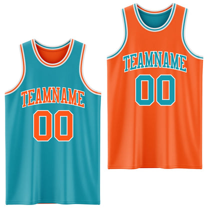 Custom Reversible Teal Orange-White Double Side Sublimation Basketball Set Jersey