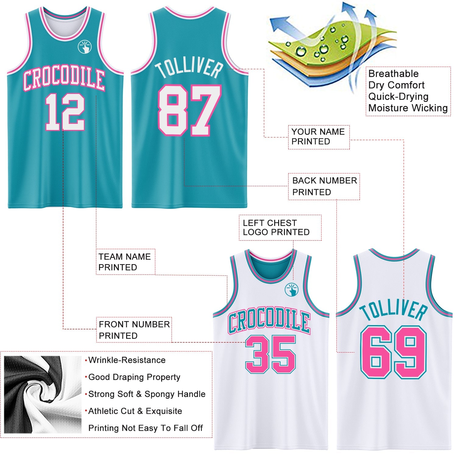 Custom Reversible Teal White-Pink Double Side Sublimation Basketball Set Jersey