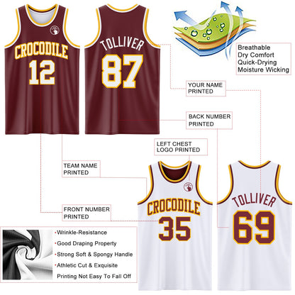Custom Reversible Burgundy White-Gold Double Side Sublimation Basketball Set Jersey