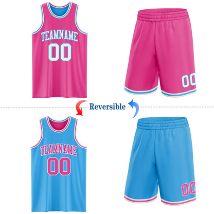 Custom Reversible Pink White-Sky Blue Double Side Sublimation Basketball Set Jersey