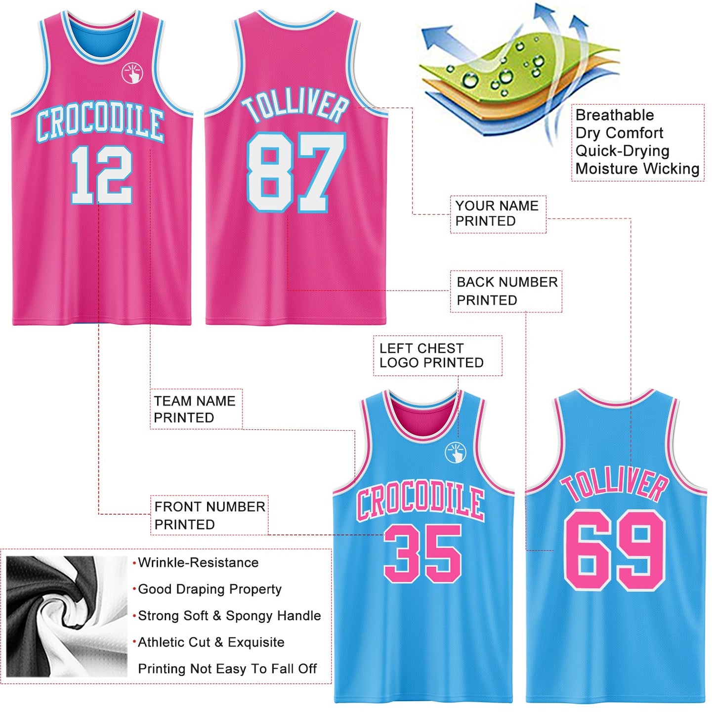 Custom Reversible Pink White-Sky Blue Double Side Sublimation Basketball Set Jersey