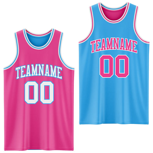 Custom Reversible Pink White-Sky Blue Double Side Sublimation Basketball Set Jersey
