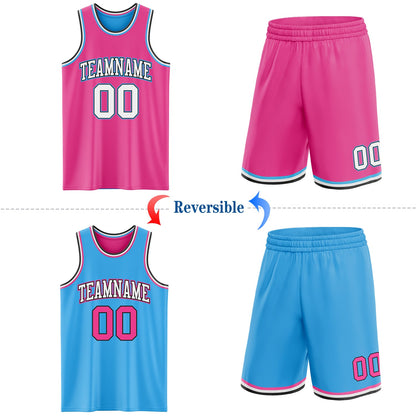 Custom Reversible Pink Black-Sky Blue Double Side Sublimation Basketball Set Jersey
