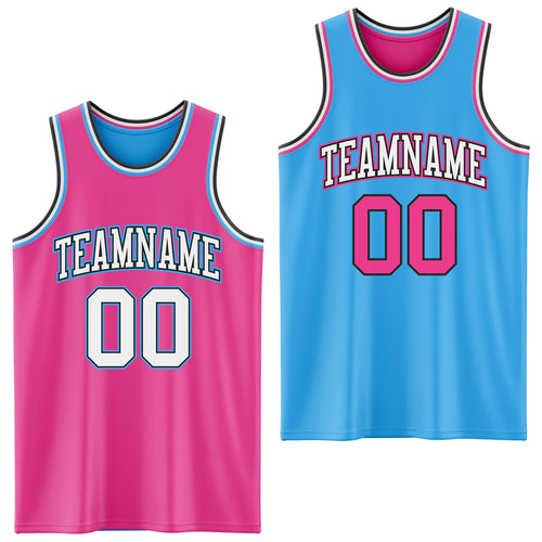 Custom Reversible Pink Black-Sky Blue Double Side Sublimation Basketball Set Jersey