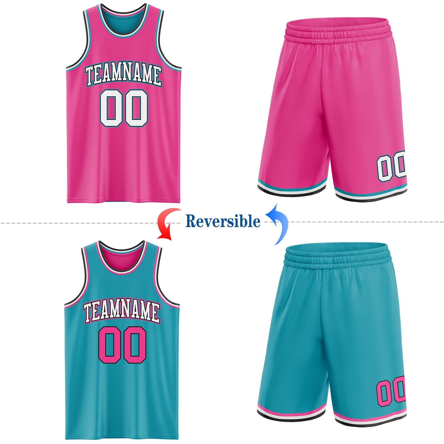 Custom Reversible Pink Black-Teal Double Side Sublimation Basketball Set Jersey
