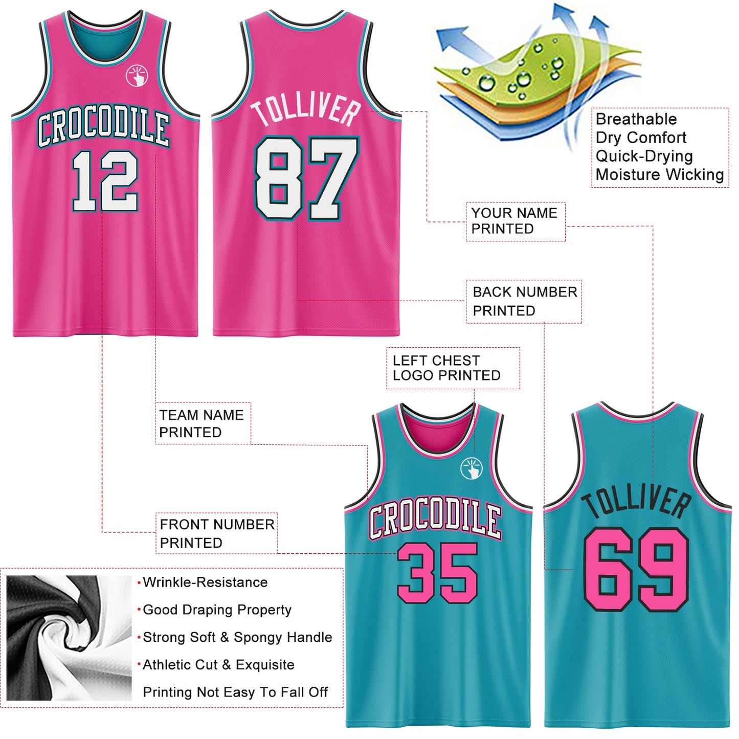 Custom Reversible Pink Black-Teal Double Side Sublimation Basketball Set Jersey