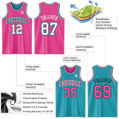 Custom Reversible Pink Black-Teal Double Side Sublimation Basketball Set Jersey