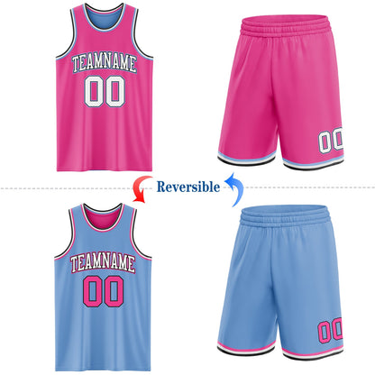 Custom Reversible Pink Black-Light Blue Double Side Sublimation Basketball Set Jersey