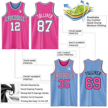 Custom Reversible Pink Black-Light Blue Double Side Sublimation Basketball Set Jersey