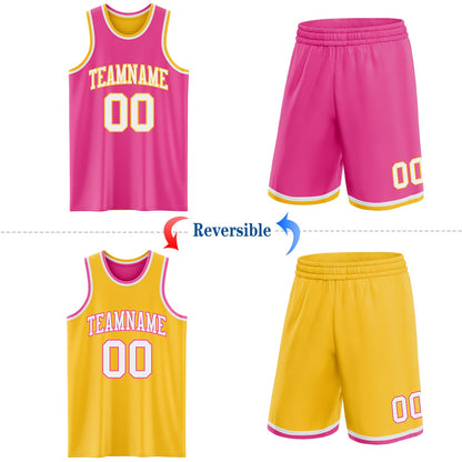 Custom Reversible Pink White-Gold Double Side Sublimation Basketball Set Jersey