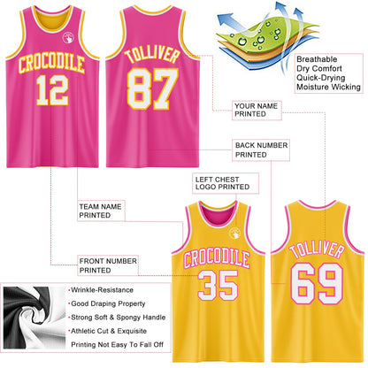 Custom Reversible Pink White-Gold Double Side Sublimation Basketball Set Jersey