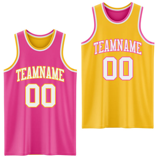 Custom Reversible Pink White-Gold Double Side Sublimation Basketball Set Jersey