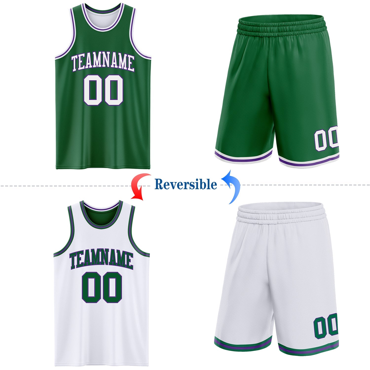 Custom Reversible Kelly Green White-Purple Double Side Sublimation Basketball Set Jersey