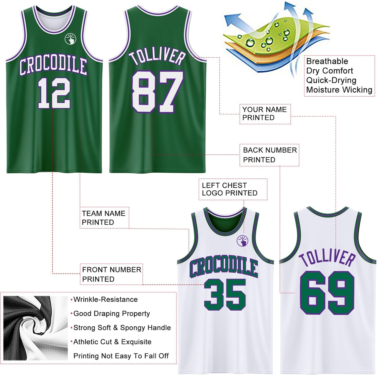 Custom Reversible Kelly Green White-Purple Double Side Sublimation Basketball Set Jersey