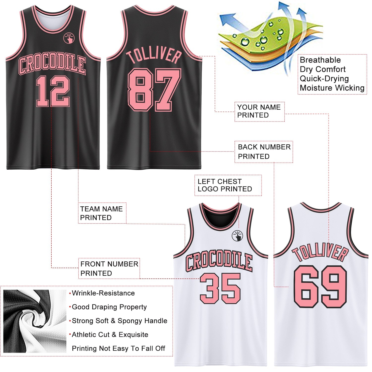 Custom Reversible Black Medium Pink Double Side Sublimation Basketball Set Jersey