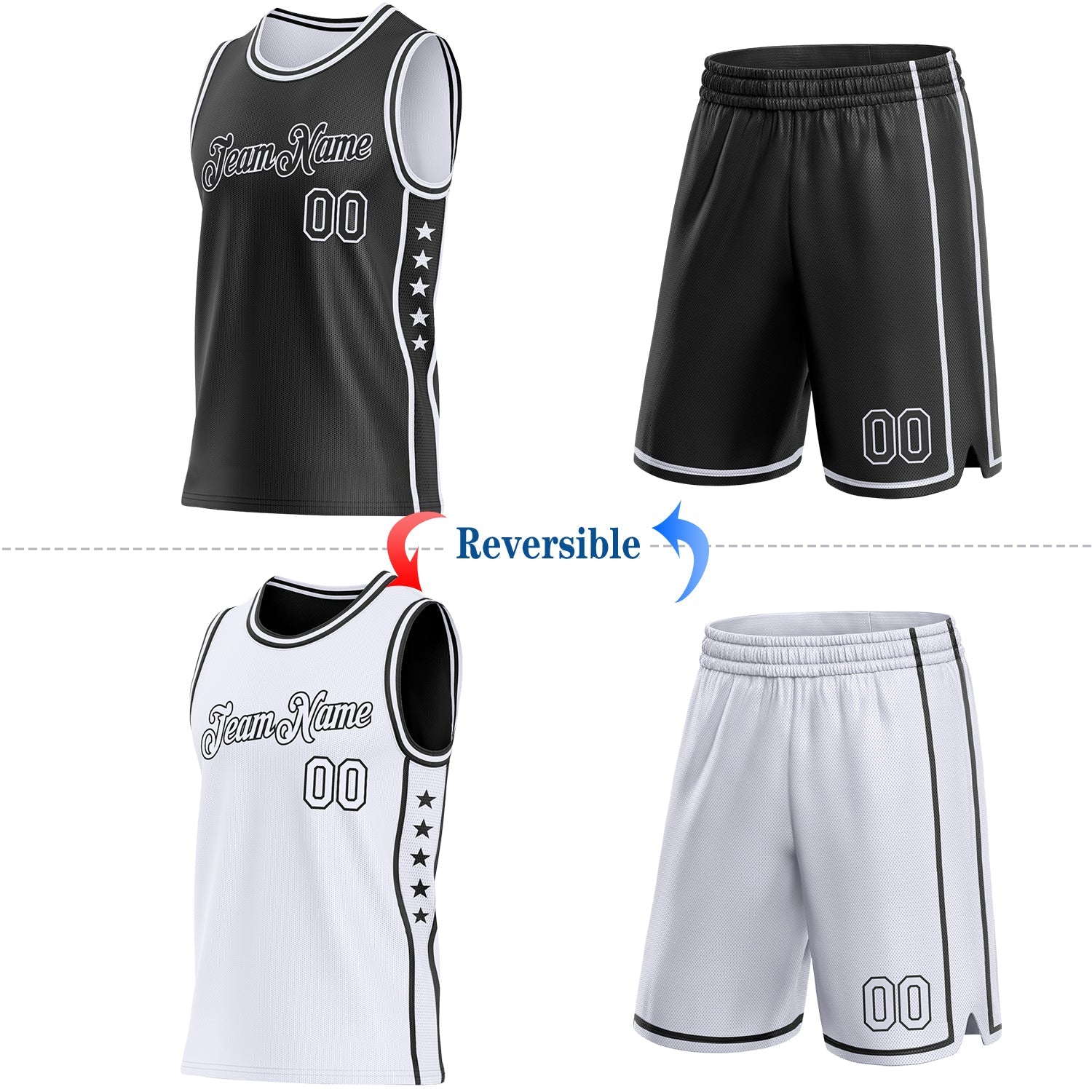 Custom Reversible Black White Double Side Star Sublimation Basketball Set Jersey
