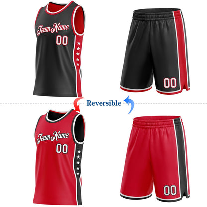 Custom Reversible Black White-Red Double Side Star Sublimation Basketball Set Jersey