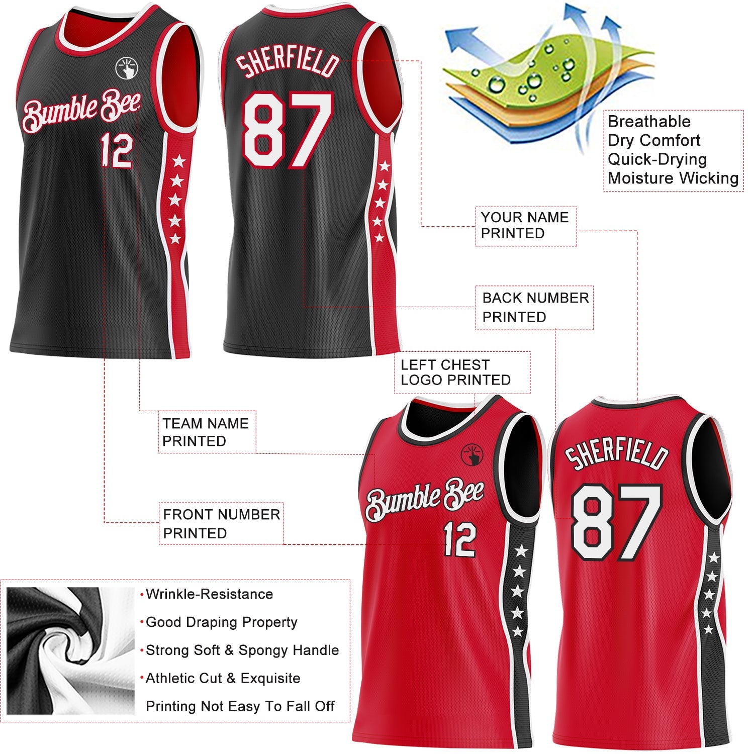 Custom Reversible Black White-Red Double Side Star Sublimation Basketball Set Jersey
