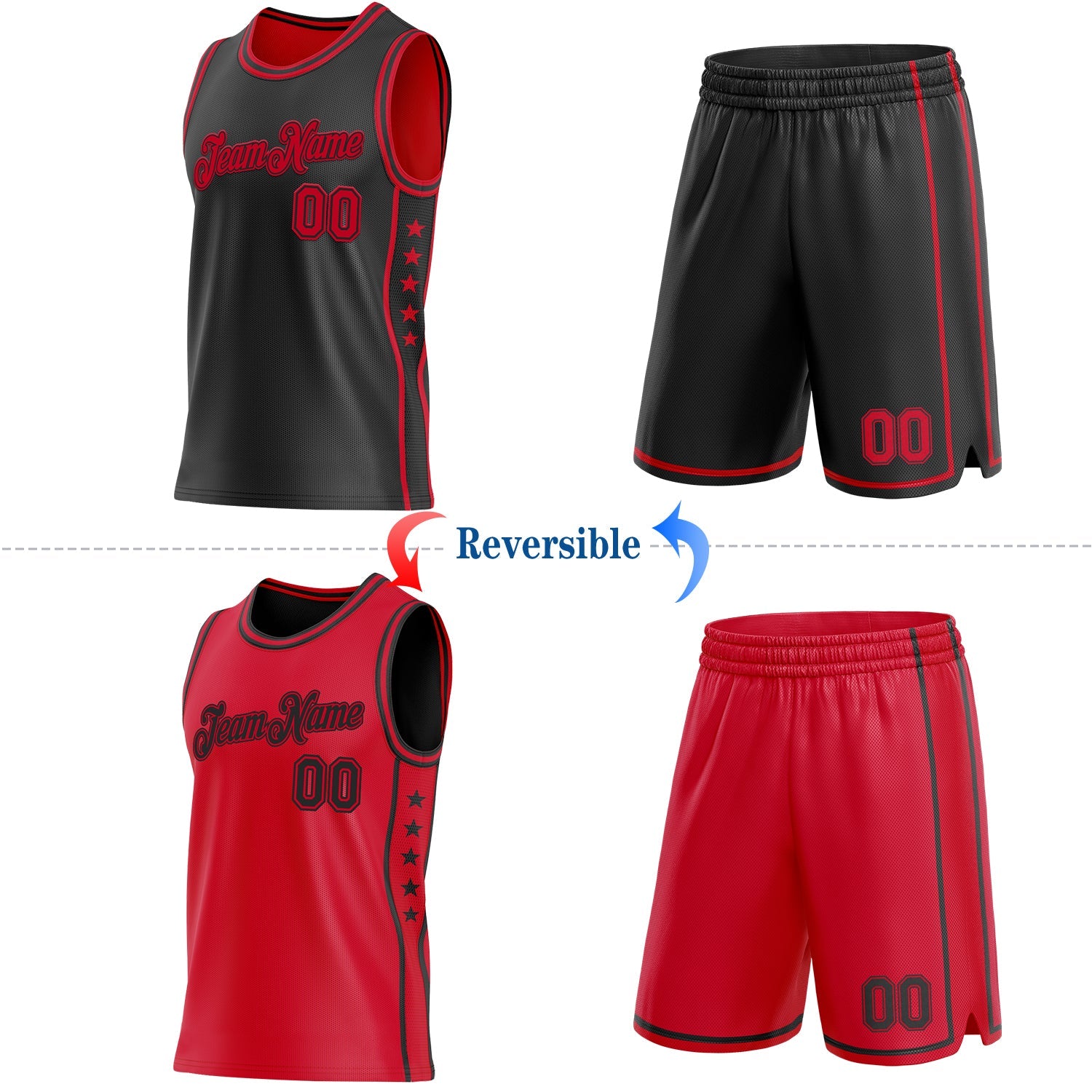 Custom Reversible Black Red Double Side Star Sublimation Basketball Set Jersey