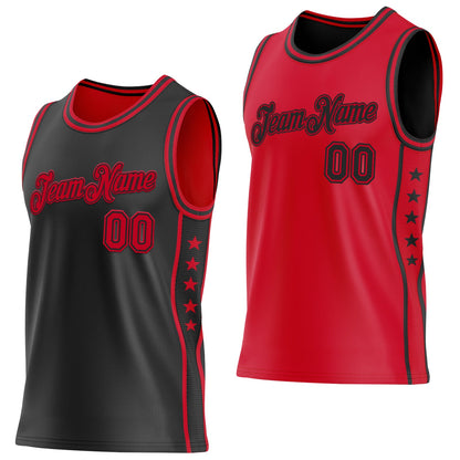Custom Reversible Black Red Double Side Star Sublimation Basketball Set Jersey