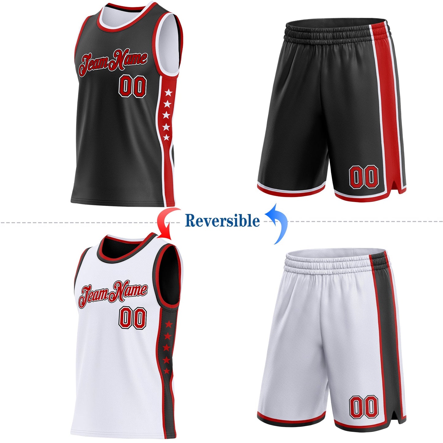Custom Reversible Black Red-White Double Side Star Sublimation Basketball Set Jersey