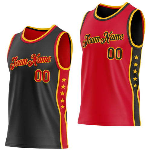 Custom Reversible Black Red-Gold Double Side Star Sublimation Basketball Set Jersey