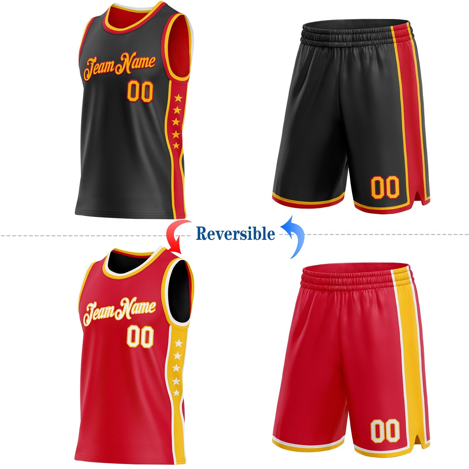 Custom Reversible Black Gold-Red Double Side Star Sublimation Basketball Set Jersey