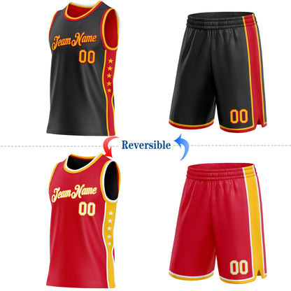 Custom Reversible Black Gold-Red Double Side Star Sublimation Basketball Set Jersey